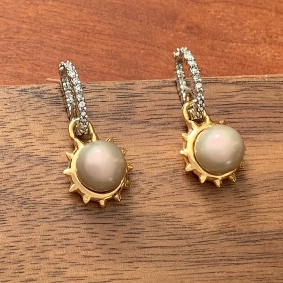 ALEXIS BITTAR • NEW  Gold Silver Sculpted Georgian Star Sun Pearl Drop Earrings - Picture 7 of 15